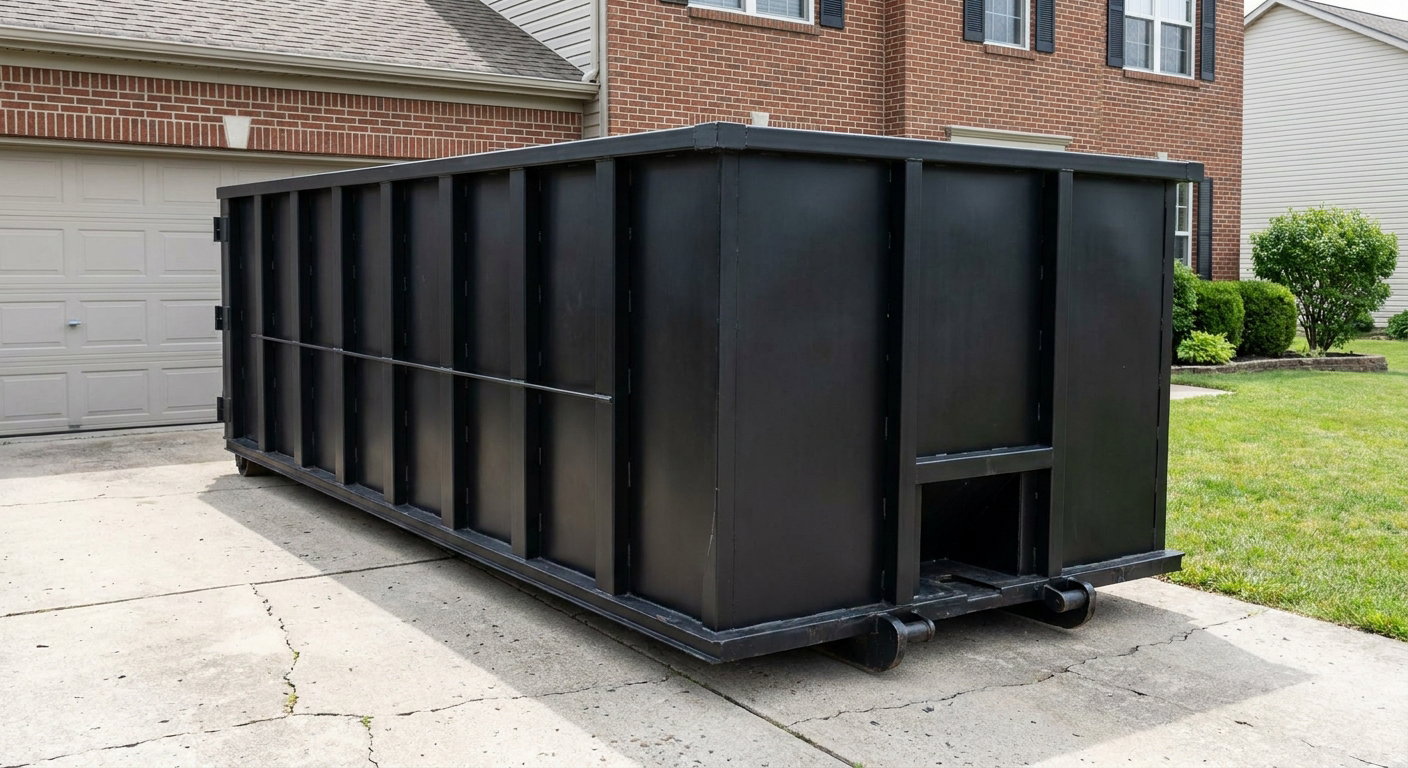 Matte-black 20-yard roll-off container on a Independence residential concrete driveway with reinforced ribbed steel sidewalls and a hinged rear walk-in door, clean bright daylight.