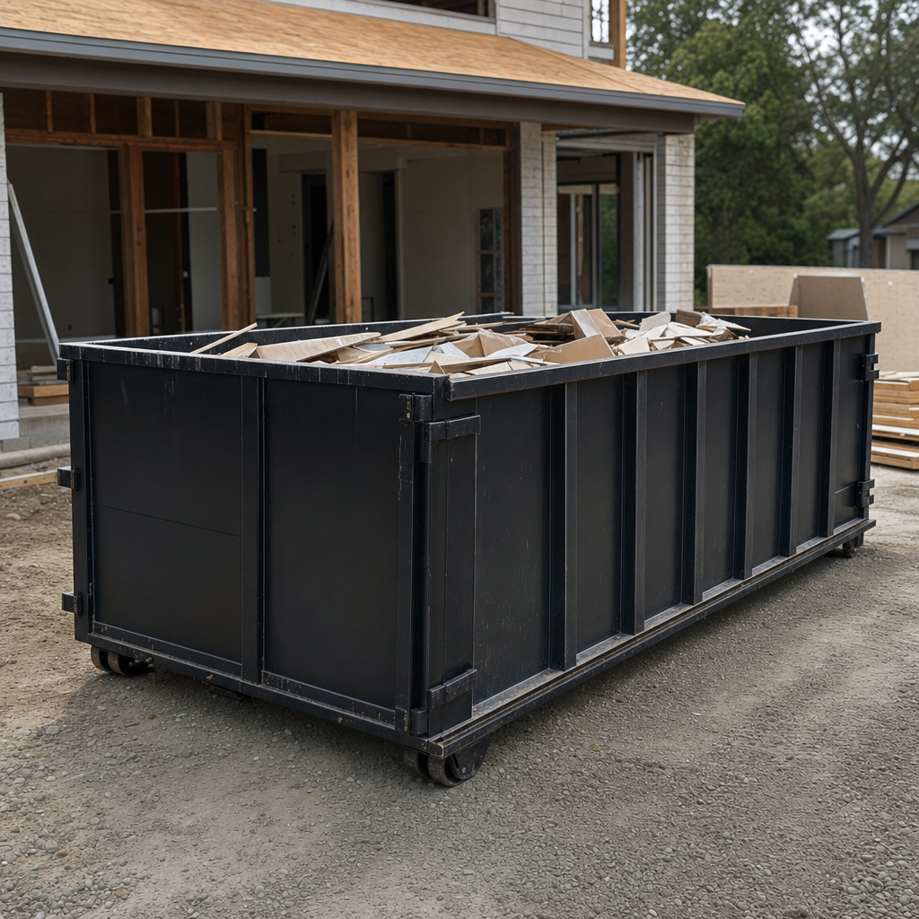 Large matte-black 30-yard construction roll-off dumpster at an active Independence jobsite, steel-gray top rails and bottom rollers visible, loaded with construction debris.