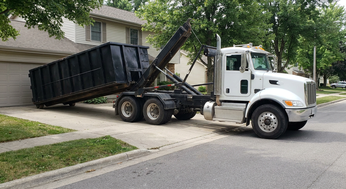 White-cab hooklift roll-off truck actively lowering a matte-black dumpster onto a Independence residential concrete driveway, the dumpster's rear wheels touching the driveway as the hoist arm tilts the bed forward, mid-morning daylight.