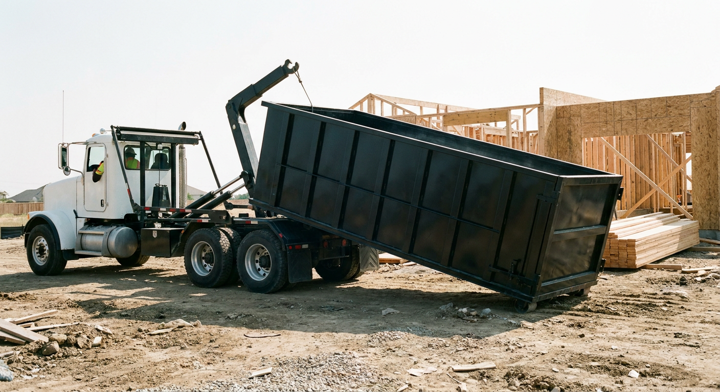 Matte-black roll-off dumpster being delivered onto a clean residential concrete driveway in Independence by an unmarked white hooklift hauler truck, bright morning daylight, documentary 35mm perspective.